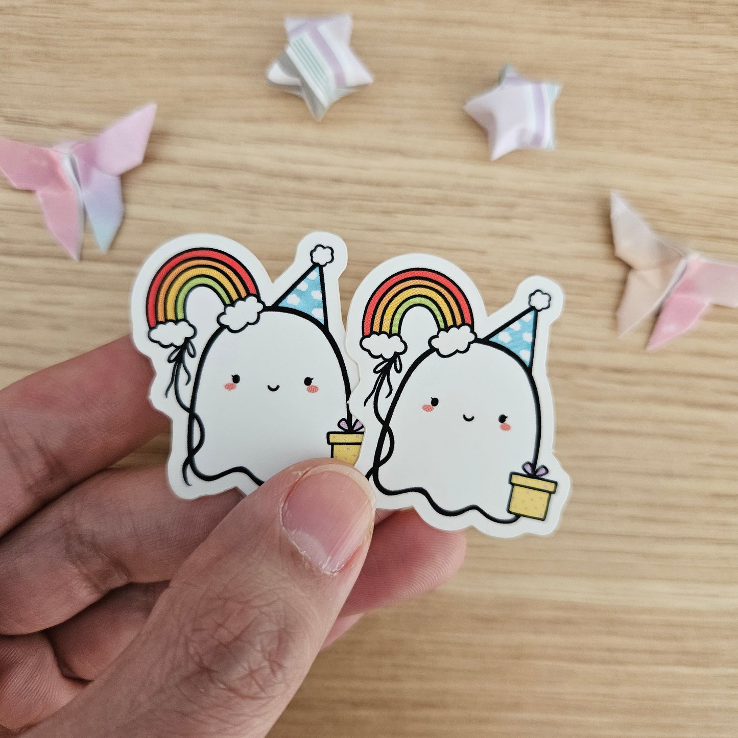 Rainbow Birthday Ghost Vinyl Sticker (3rd Anniversary)
