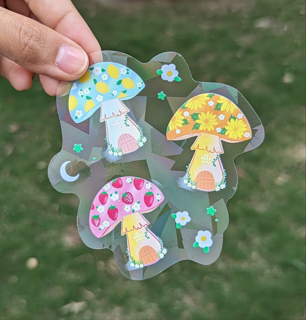 Mushroom Gnome Houses Rainbow Decal Suncatcher