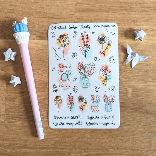 Celestial Boho Plants Clear Sticker Vinyl Sheet (4x6")