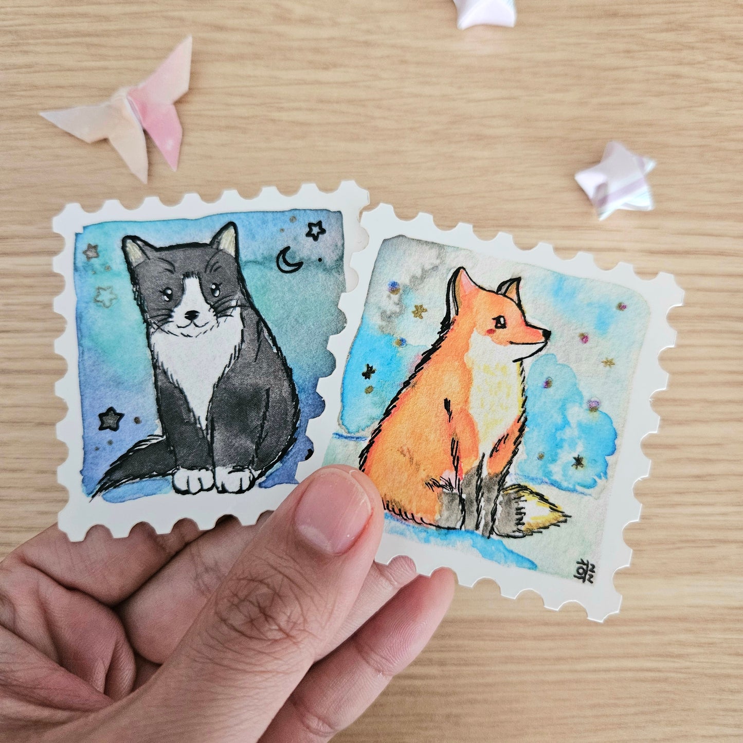 Starry Tuxedo Cat Stamp Watercolor Sticker