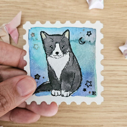 Starry Tuxedo Cat Stamp Watercolor Vinyl Sticker
