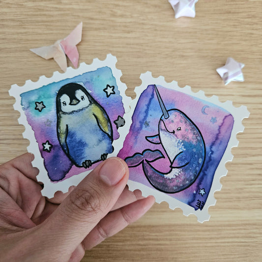 Starry Penguin Stamp Watercolor Vinyl Sticker