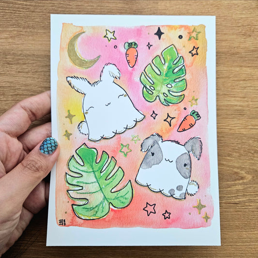 TO BE DISCONTINUED SALE: Monstera Bunnies Watercolor Art Print (5x7”)