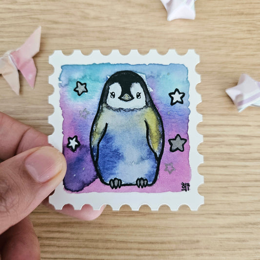 Starry Penguin Stamp Watercolor Vinyl Sticker