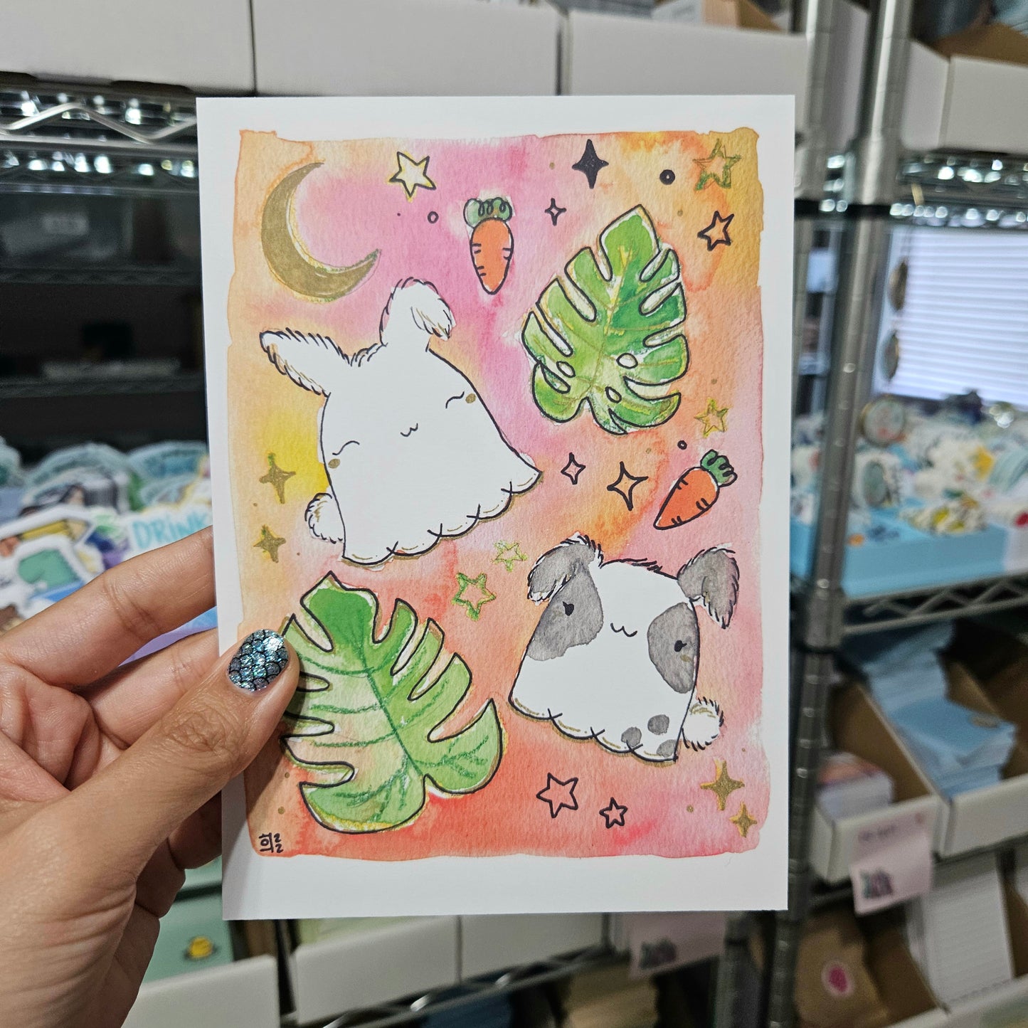 TO BE DISCONTINUED SALE: Monstera Bunnies Watercolor Art Print (5x7”)