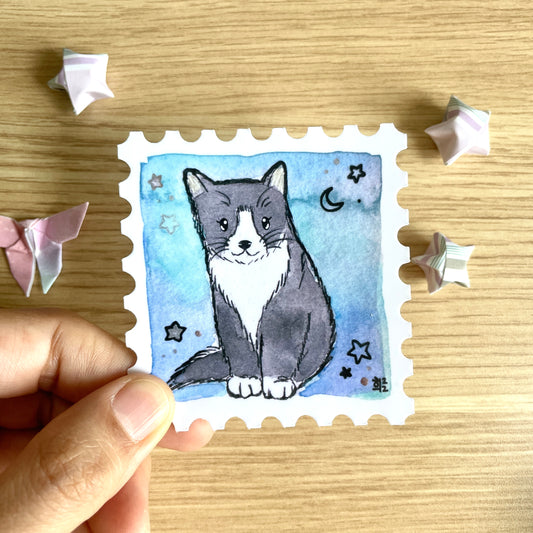 Starry Tuxedo Cat Stamp Watercolor Vinyl Sticker