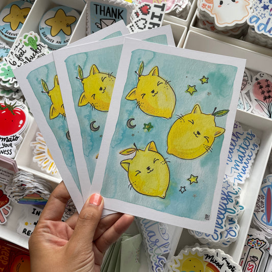 TO BE DISCONTINUED SALE: Starry Lemon Kitties Sourpuss Watercolor Print(5x7")
