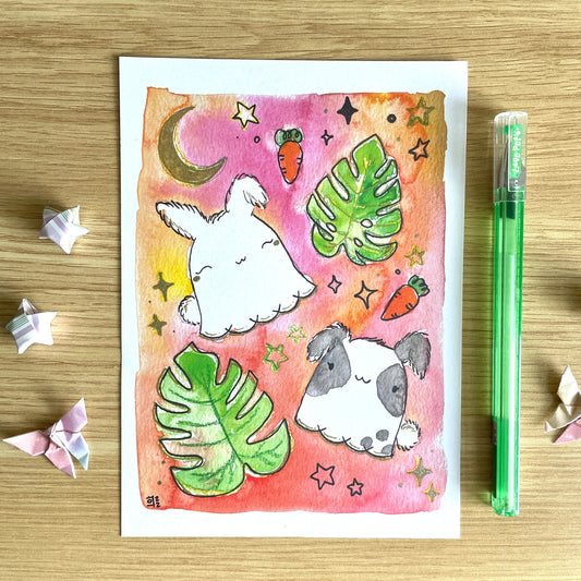 TO BE DISCONTINUED SALE: Monstera Bunnies Watercolor Art Print (5x7”)