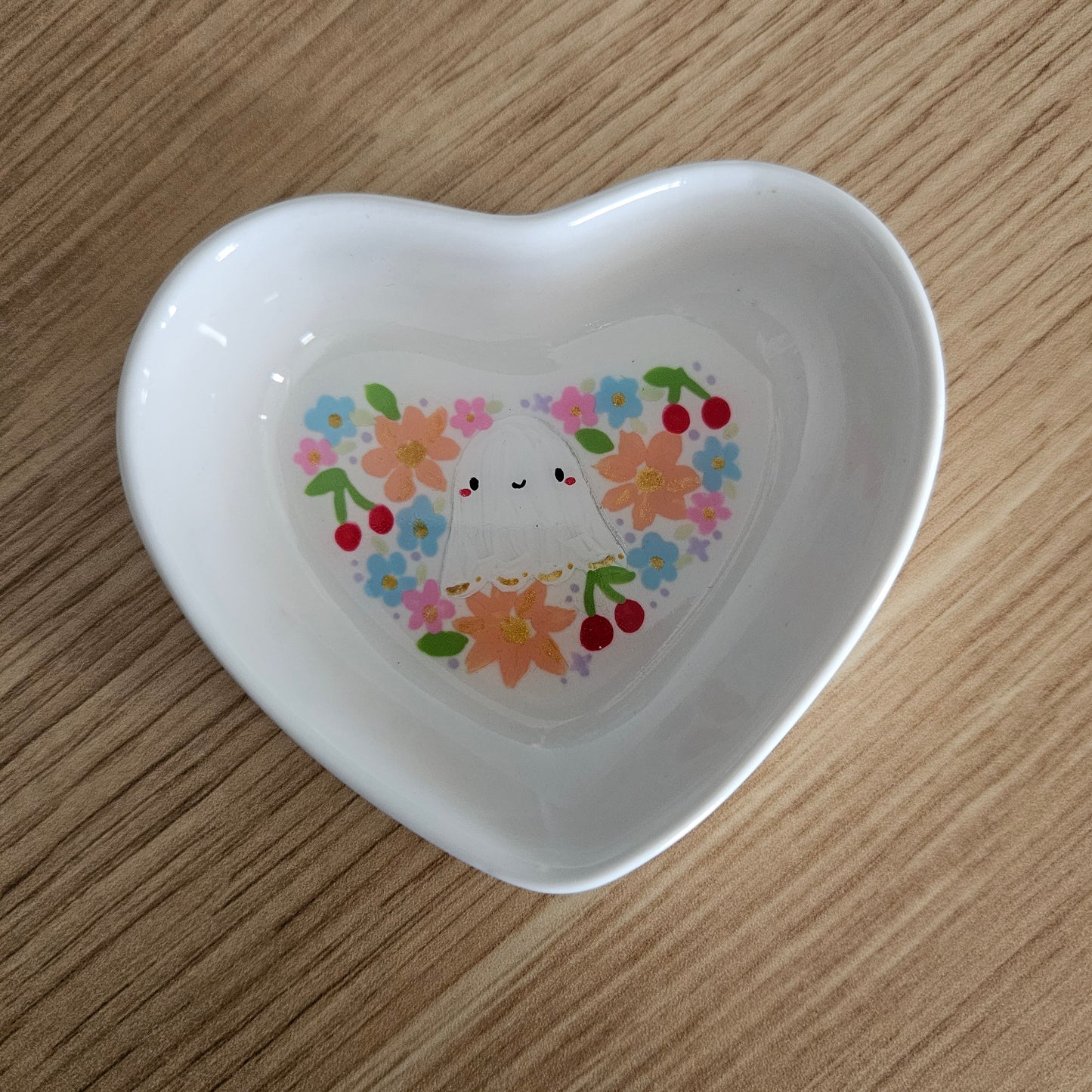Hand painted Cherry Ghost Heart Trinket Tray (note defect in description)