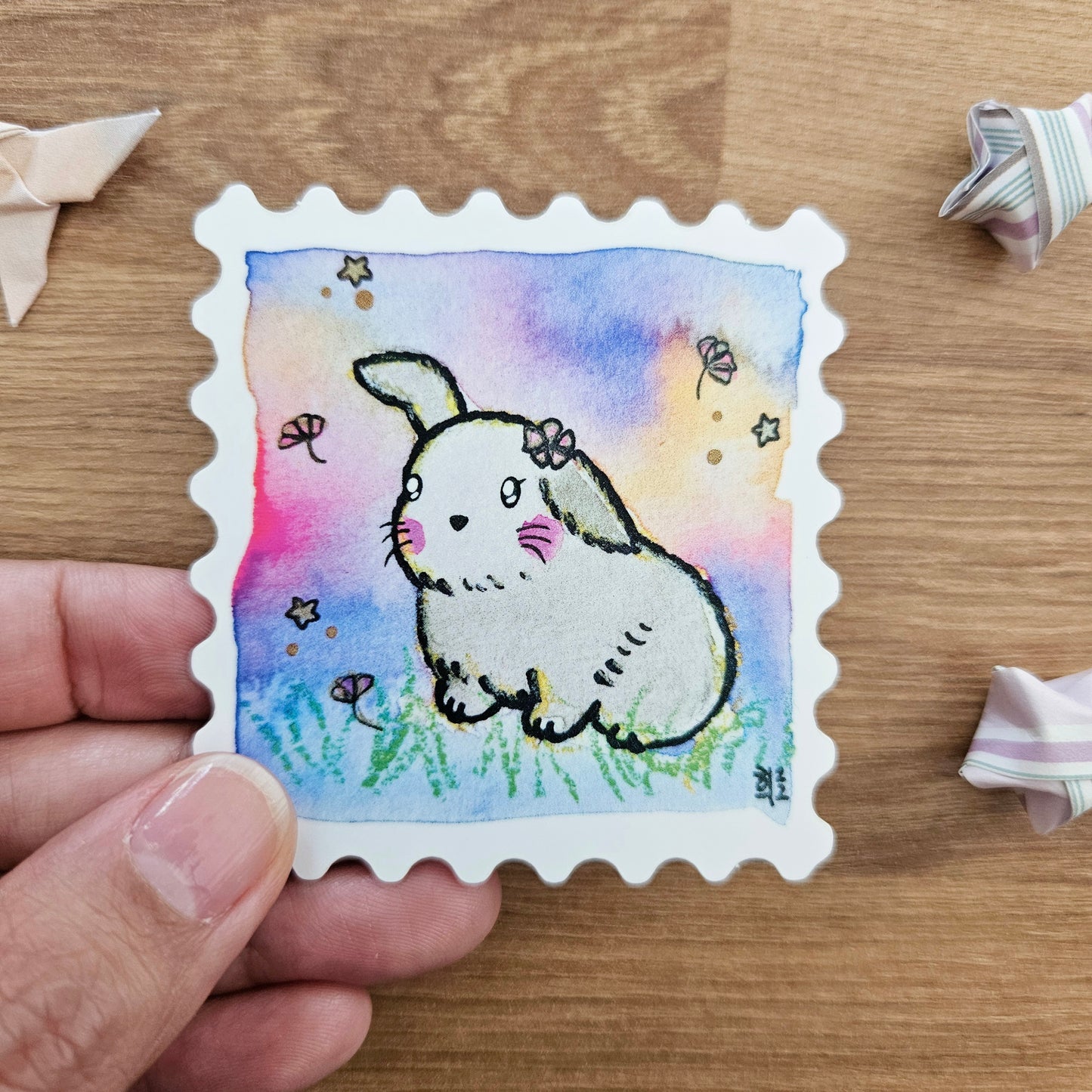 Starry Grey Bunny Stamp Watercolor Vinyl Sticker