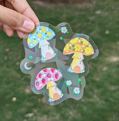 Mushroom Gnome Houses Rainbow Decal Suncatcher