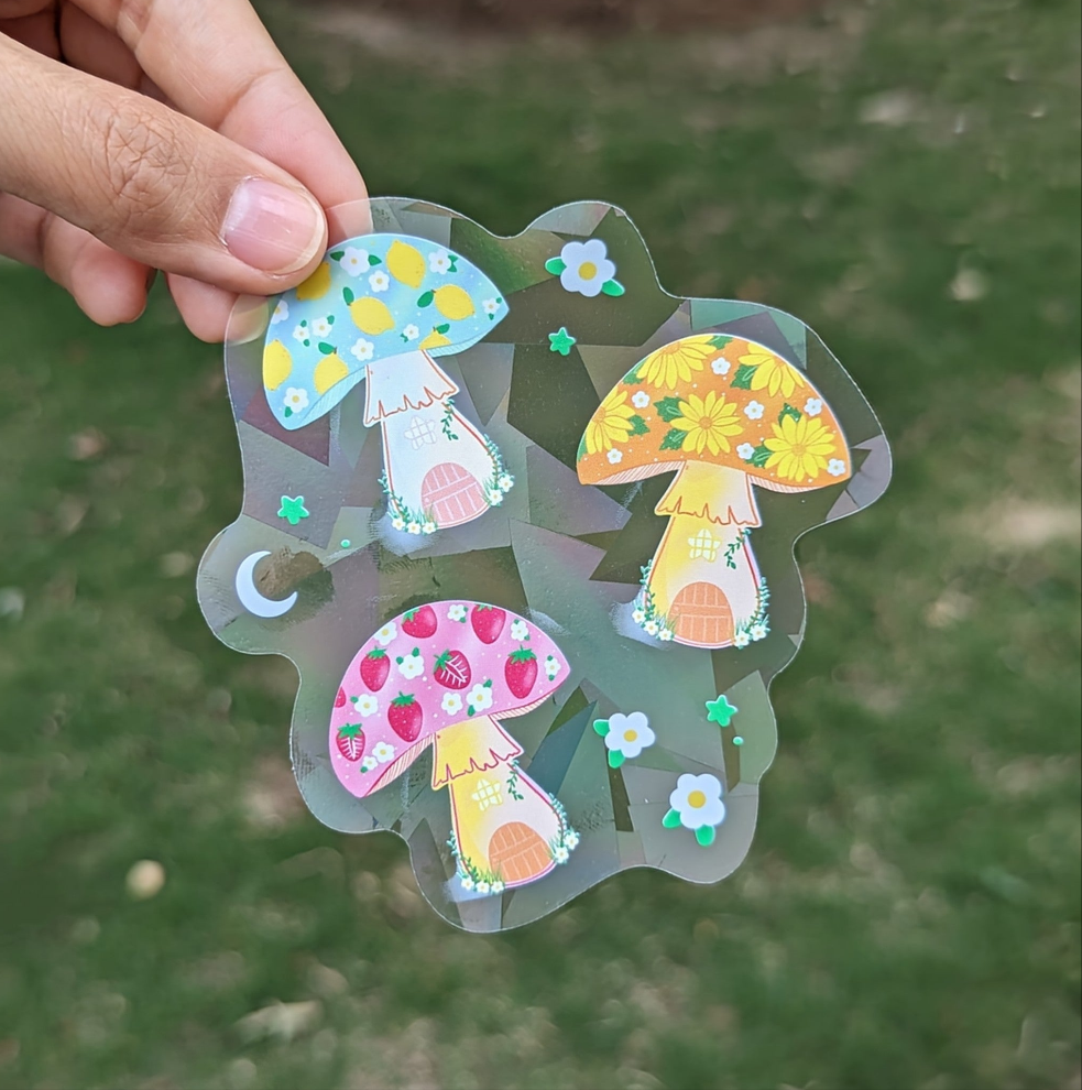 Mushroom Gnome Houses Rainbow Decal Suncatcher