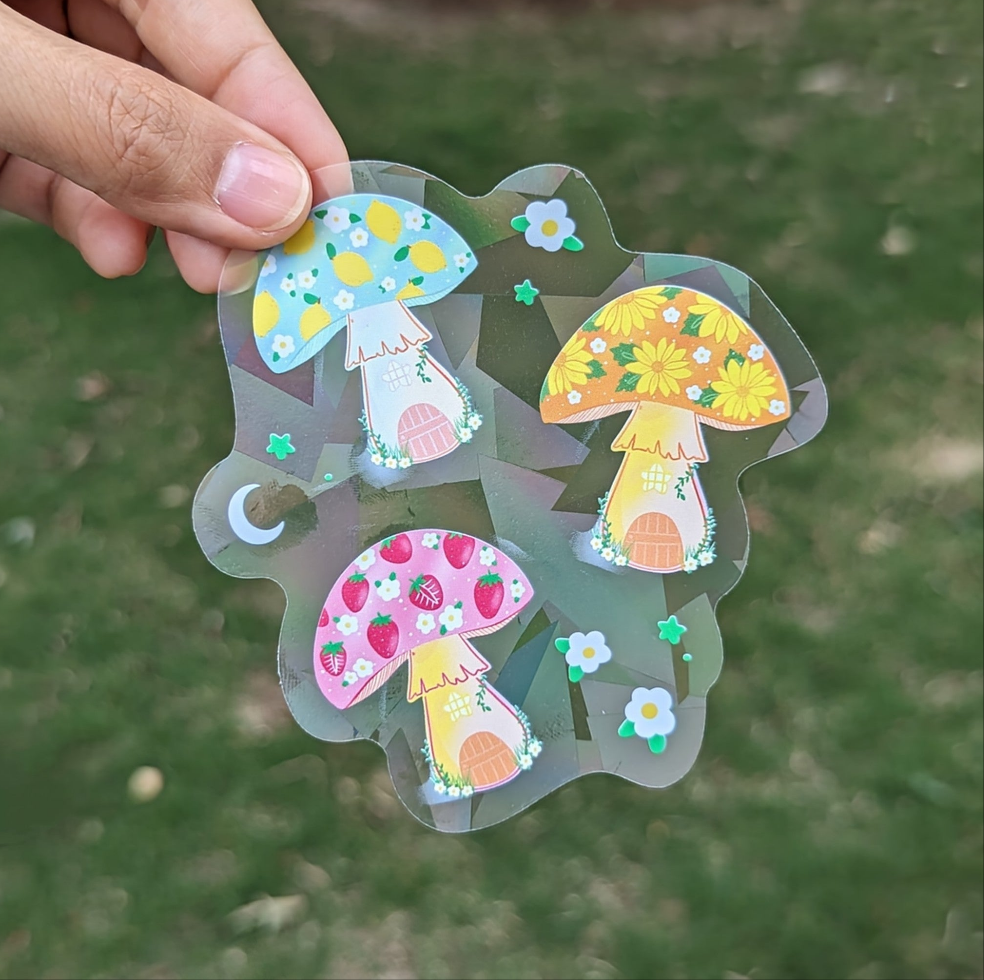 Mushroom Gnome Houses Rainbow Decal Suncatcher