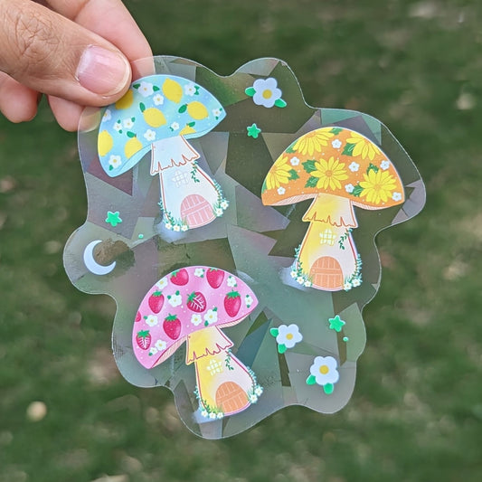 Mushroom Gnome Houses Rainbow Decal Suncatcher