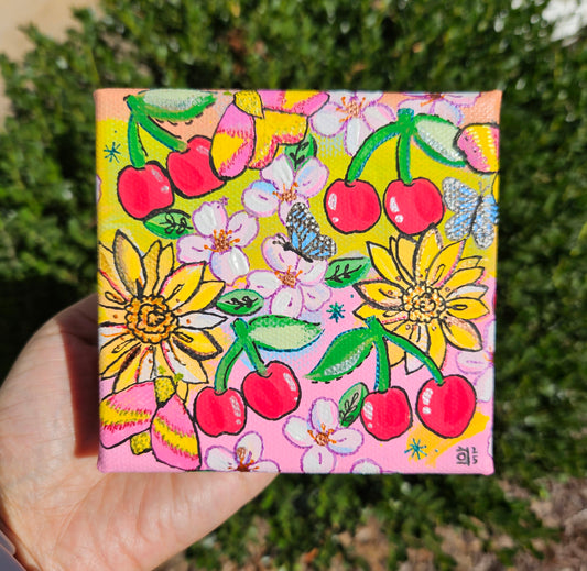 Rosy Maple Garden Acrylic Painting Original Art (4x4")