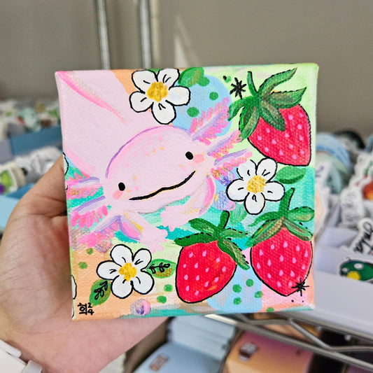 Strawberry Axolotl Acrylic Painting Original Art (4x4")