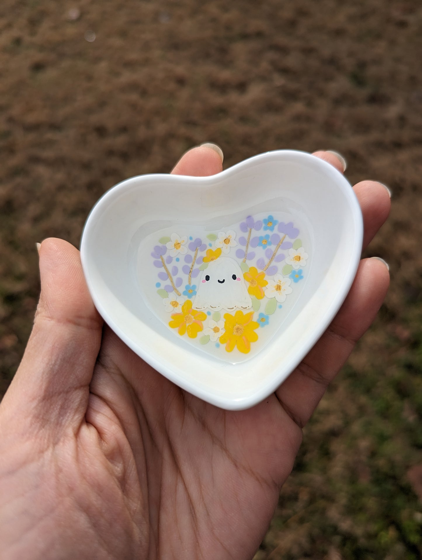 Lavender Ghostie Hand painted Heart Trinket Tray