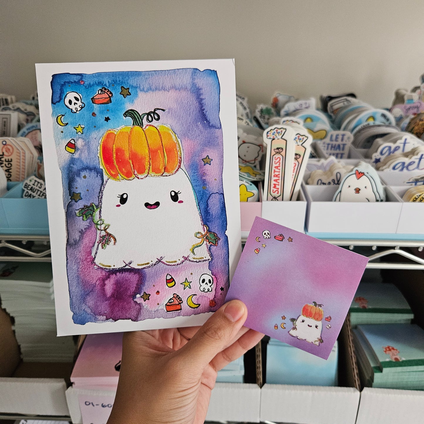 SALE Watercolor Pumpkin Ghost Art Print(5x7")