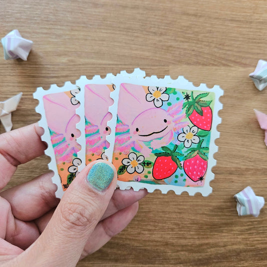 Strawberry Axolotl Stamp Acrylic Vinyl Sticker