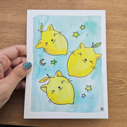 TO BE DISCONTINUED SALE: Starry Lemon Kitties Sourpuss Watercolor Print(5x7")