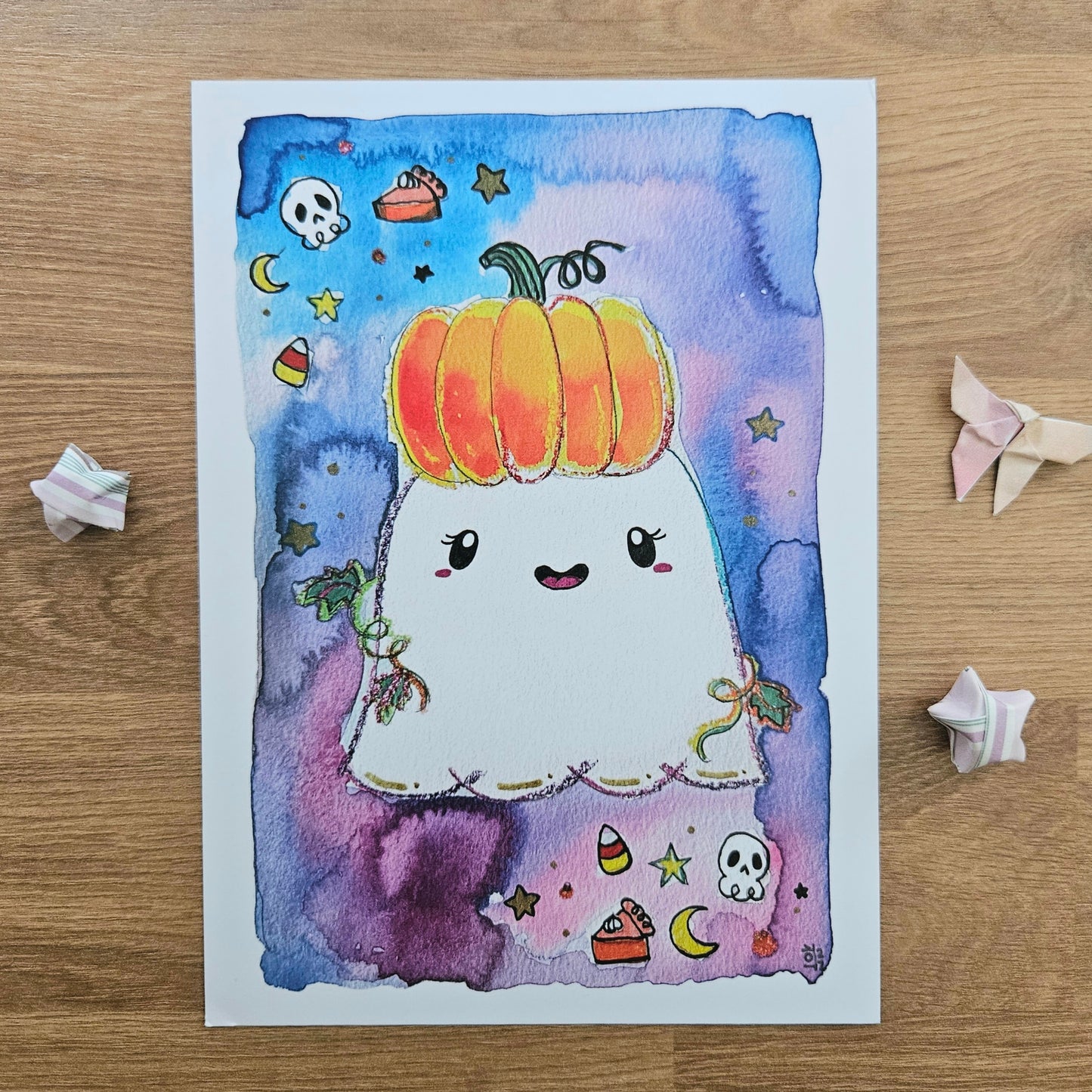 SALE Watercolor Pumpkin Ghost Art Print(5x7")