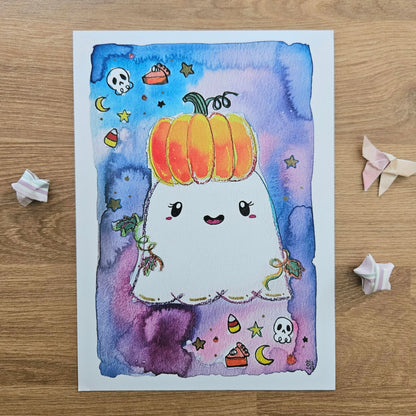 SALE Watercolor Pumpkin Ghost Art Print(5x7")