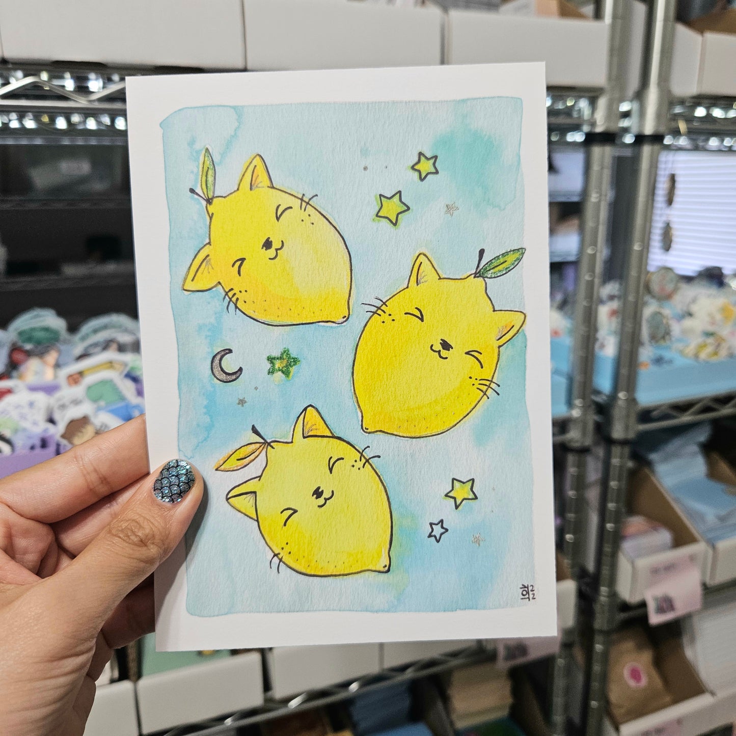 TO BE DISCONTINUED SALE: Starry Lemon Kitties Sourpuss Watercolor Print(5x7")