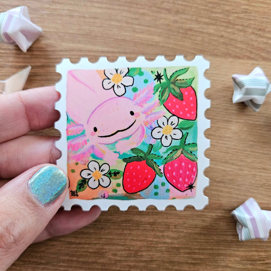 Strawberry Axolotl Stamp Acrylic Vinyl Sticker