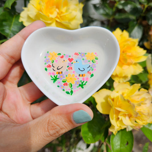 Hand painted Chickens in Love Heart Trinket Tray