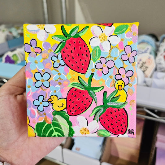 Hydrangea Strawberry Party Acrylic Painting Original Art (4x4")