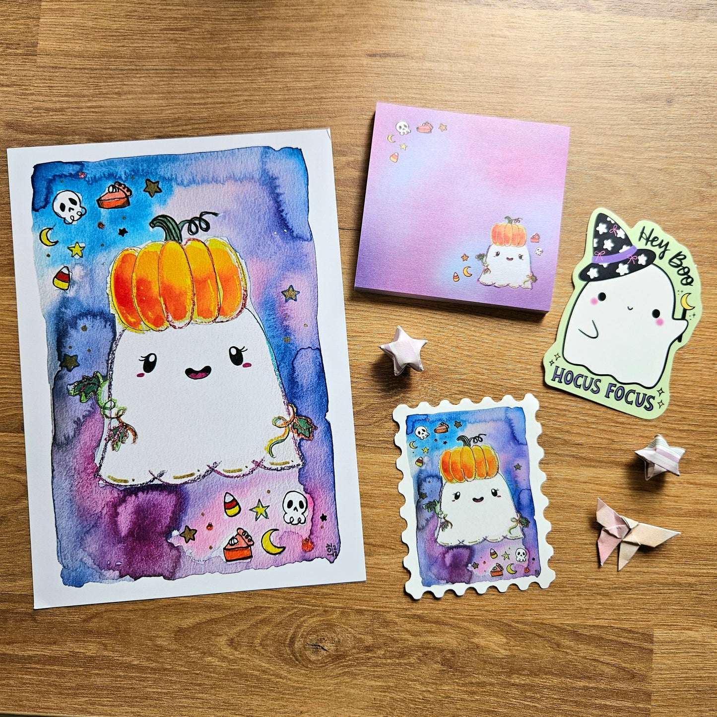 SALE Watercolor Pumpkin Ghost Art Print(5x7")