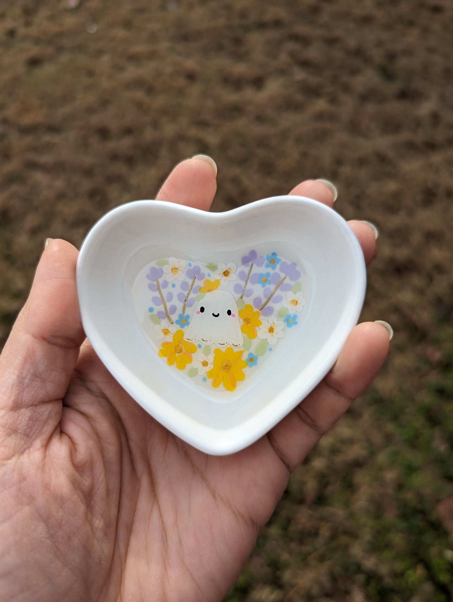 Lavender Ghostie Hand painted Heart Trinket Tray