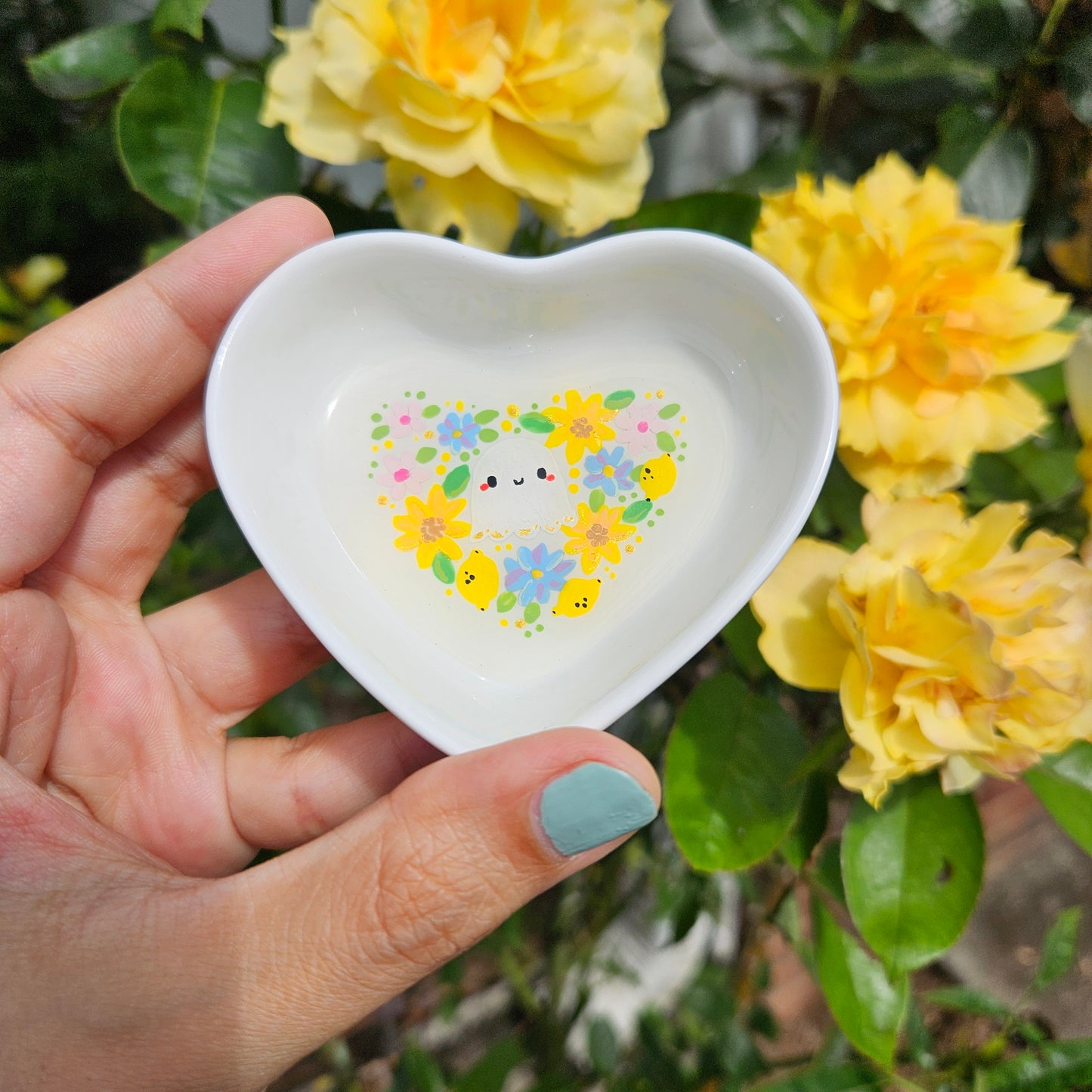 Sunflower Ghostie Hand Painted Heart Trinket Tray