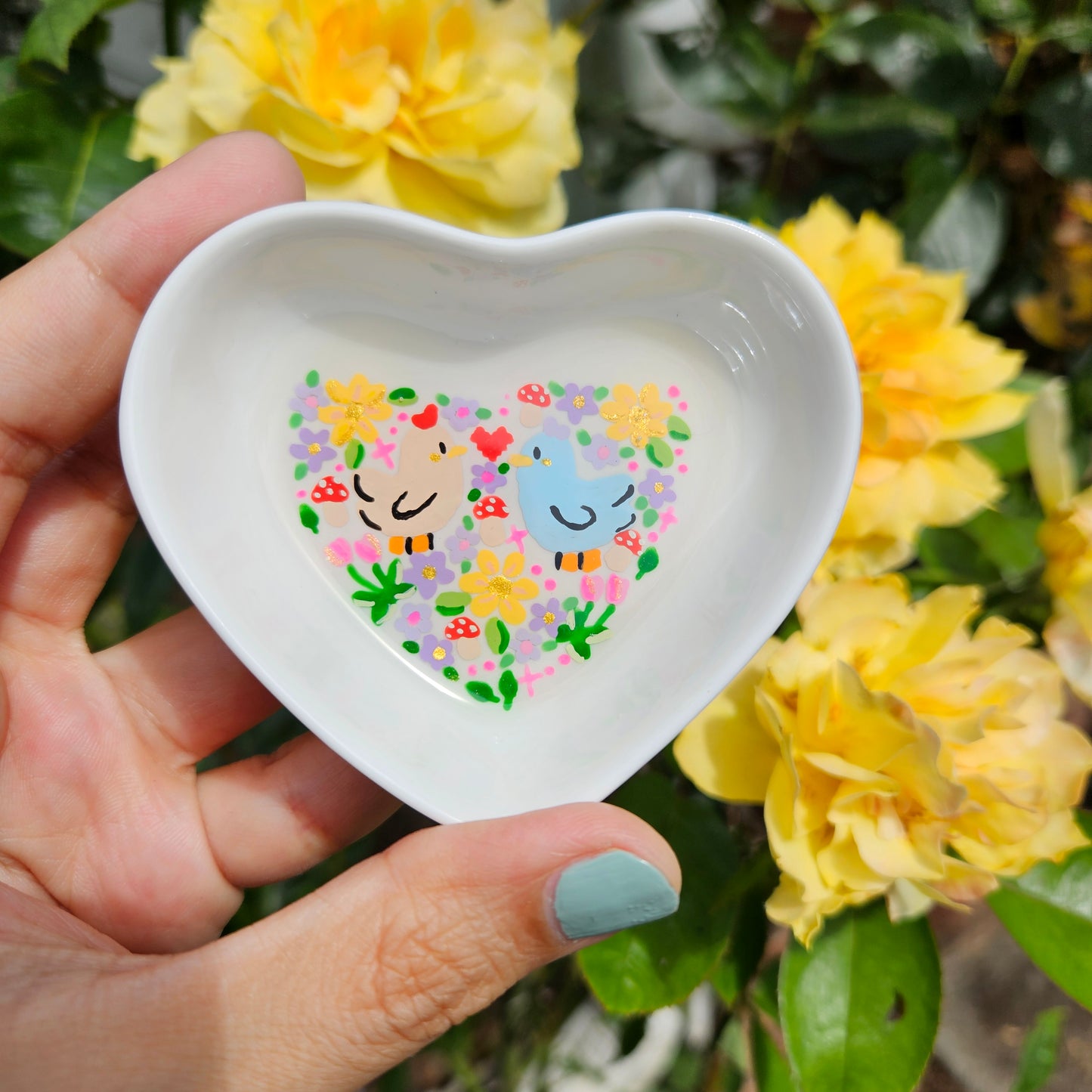 Hand painted Chickens in Love Heart Trinket Tray