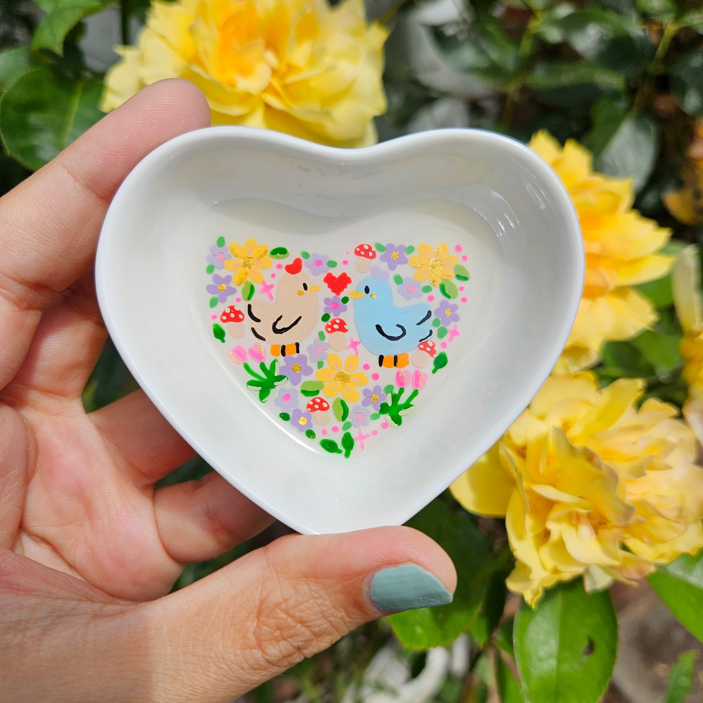 Hand painted Chickens in Love Heart Trinket Tray