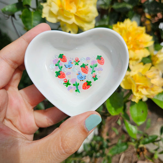 Hand painted Chicken and Strawberries Heart Trinket Tray