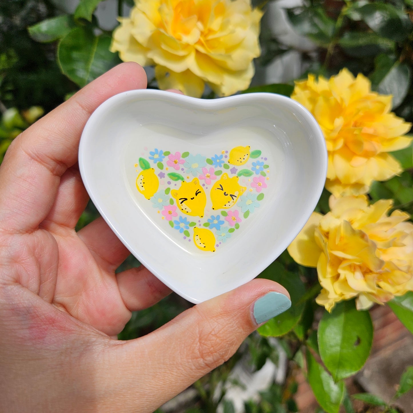 Hand painted Lemon Kitties Heart Trinket Tray