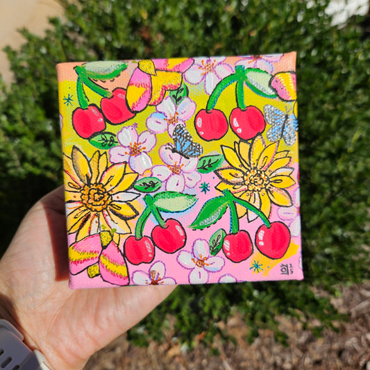 Rosy Maple Garden Acrylic Painting Original Art (4x4")