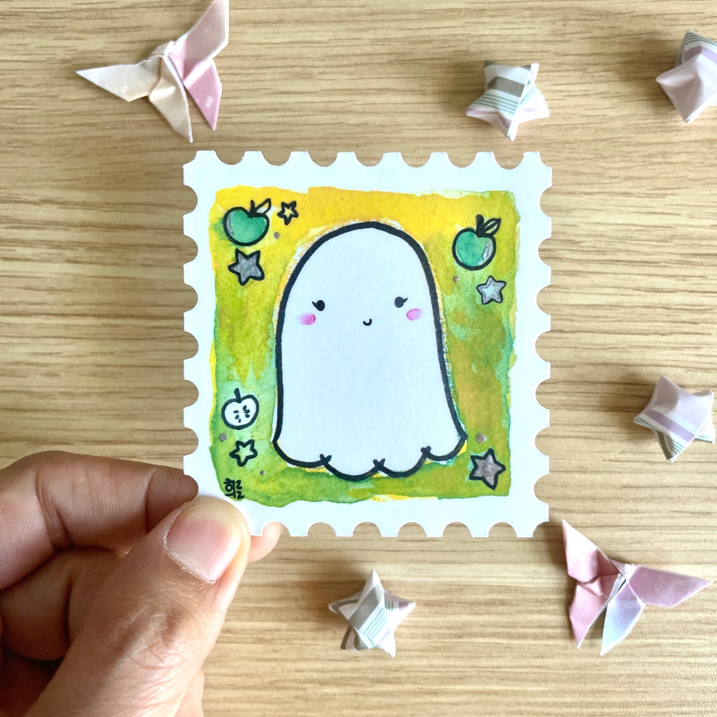 Starry Green Apple Ghost Stamp Watercolor Sticker