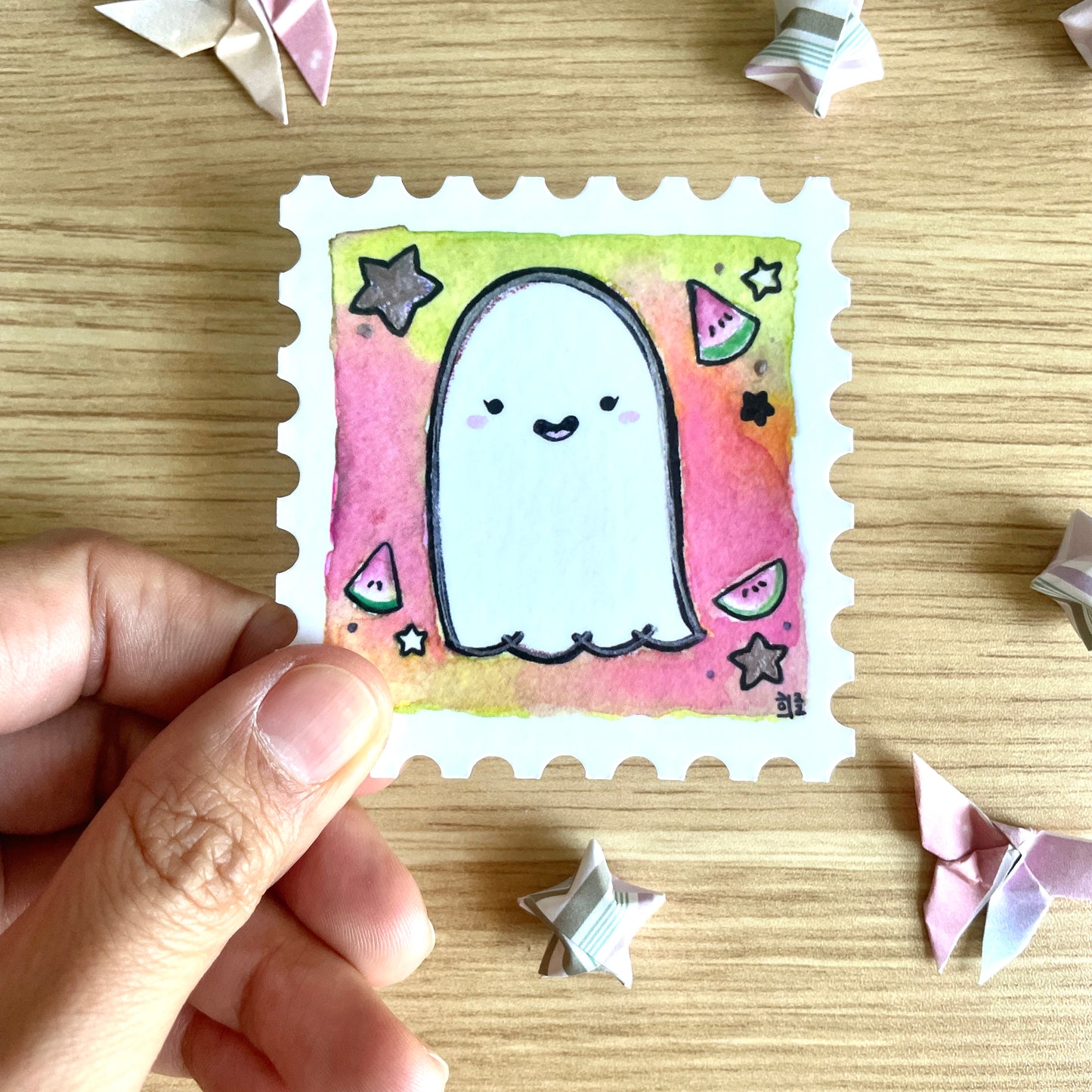 Starry Watermelon Ghost Stamp Watercolor Sticker