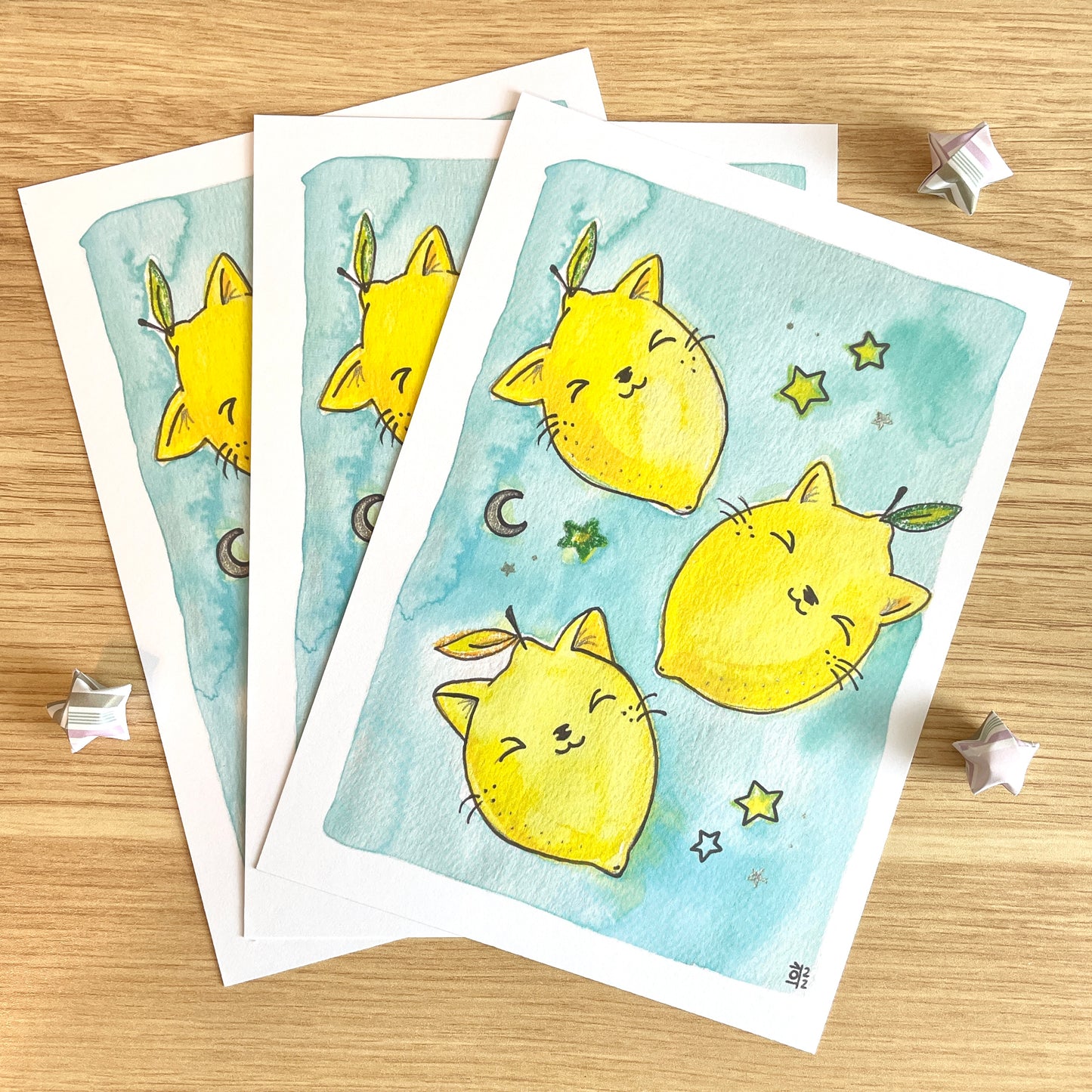 TO BE DISCONTINUED SALE: Starry Lemon Kitties Sourpuss Watercolor Print(5x7")