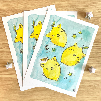 TO BE DISCONTINUED SALE: Starry Lemon Kitties Sourpuss Watercolor Print(5x7")