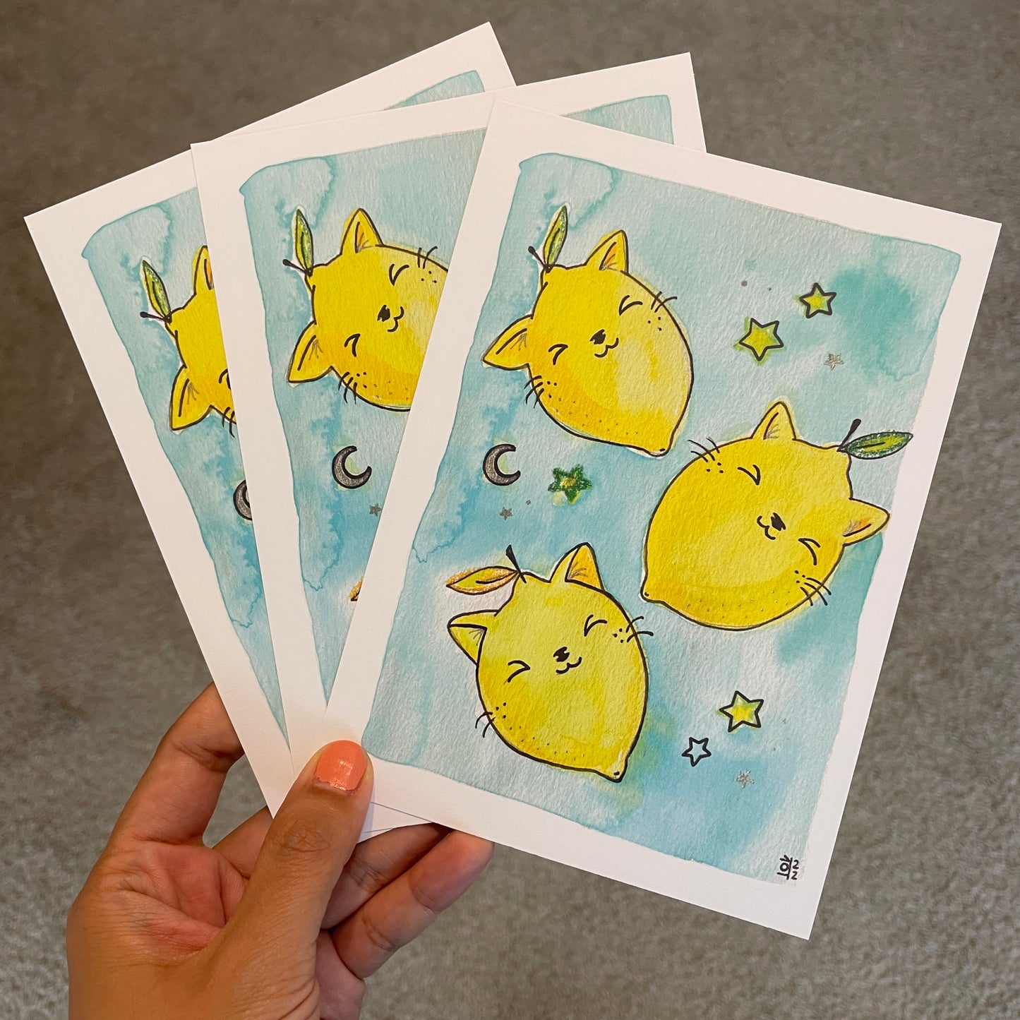 TO BE DISCONTINUED SALE: Starry Lemon Kitties Sourpuss Watercolor Print(5x7")
