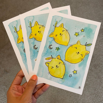 TO BE DISCONTINUED SALE: Starry Lemon Kitties Sourpuss Watercolor Print(5x7")