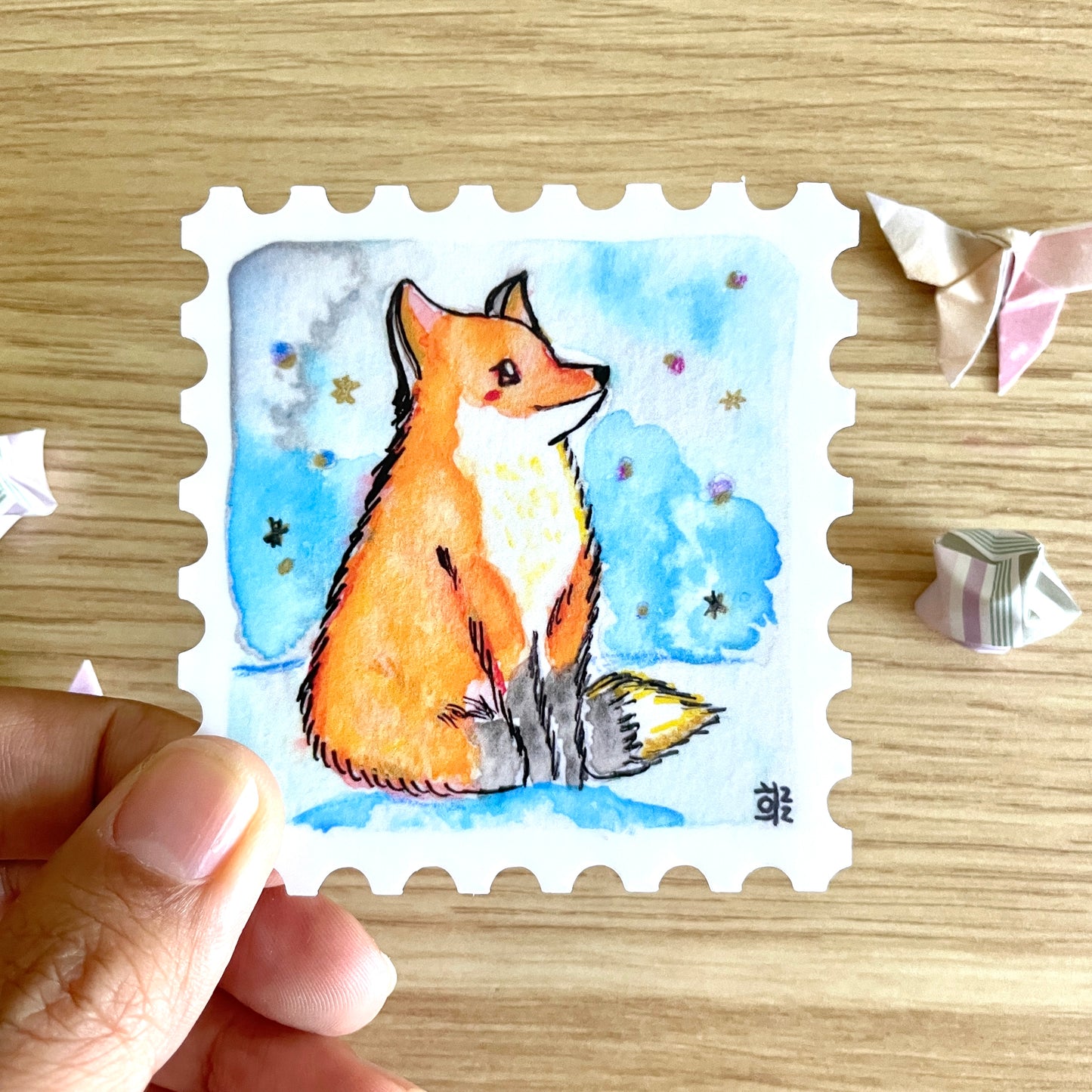 Starry Fox Stamp Watercolor Sticker