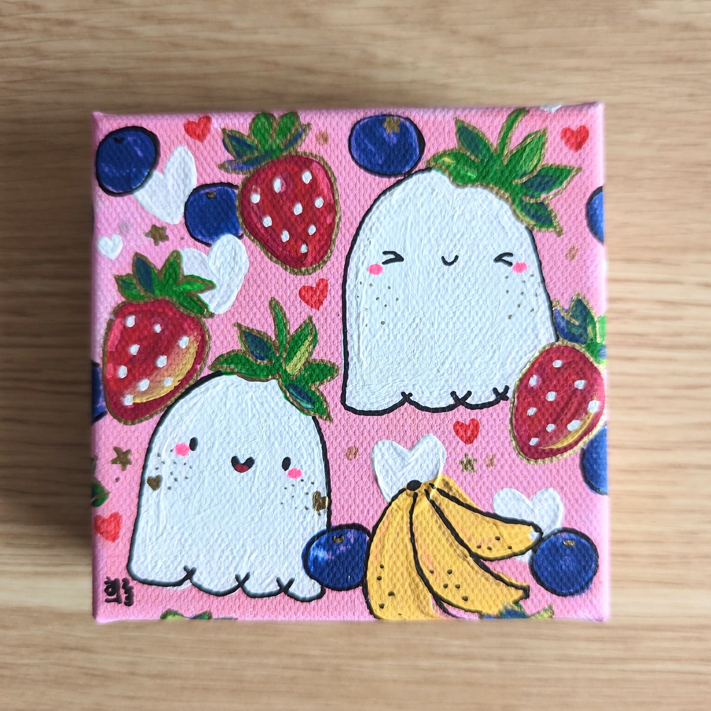Strawberry Banana Ghosties Acrylic Painting Original Art (4x4")